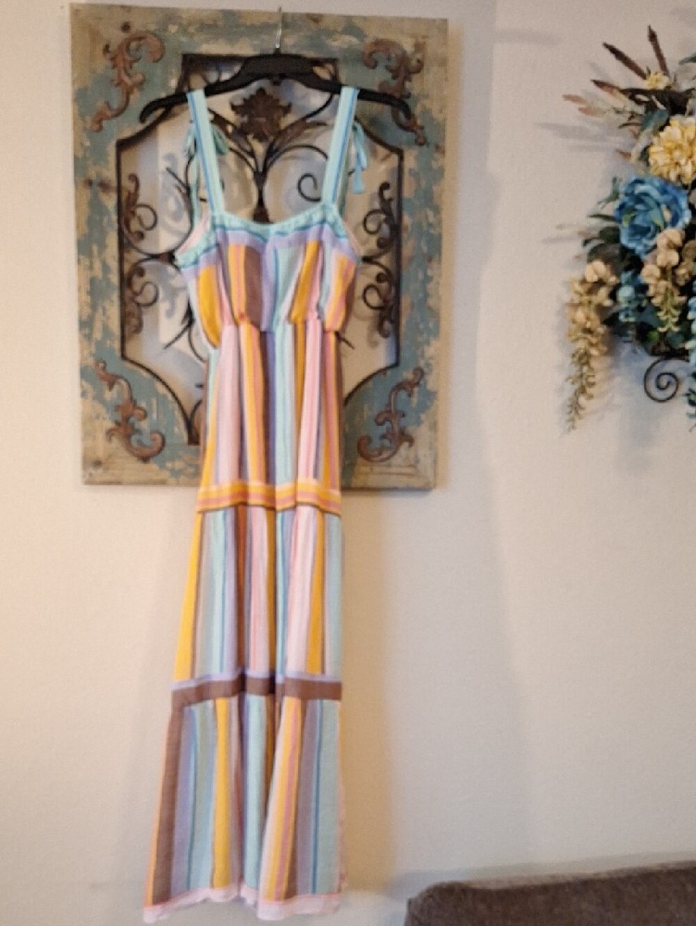 Striped Pastel Tiered Maxi Dress with Adjustable Straps. Size Medium - Picture 9 of 12